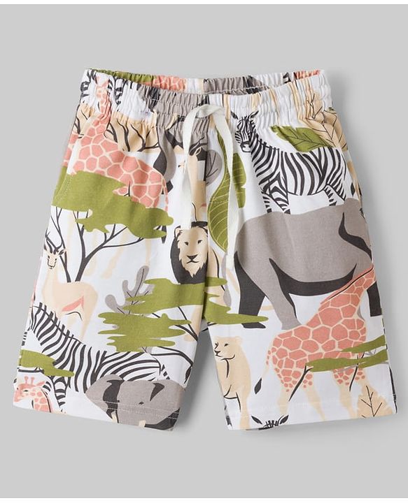 Pine Kids Cotton Knit Half Sleeves Co-ords T-Shirt & Shorts Night Suit with Jungle Theme Print - White