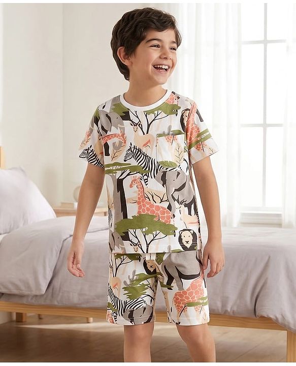 Pine Kids Cotton Knit Half Sleeves Co-ords T-Shirt & Shorts Night Suit with Jungle Theme Print - White
