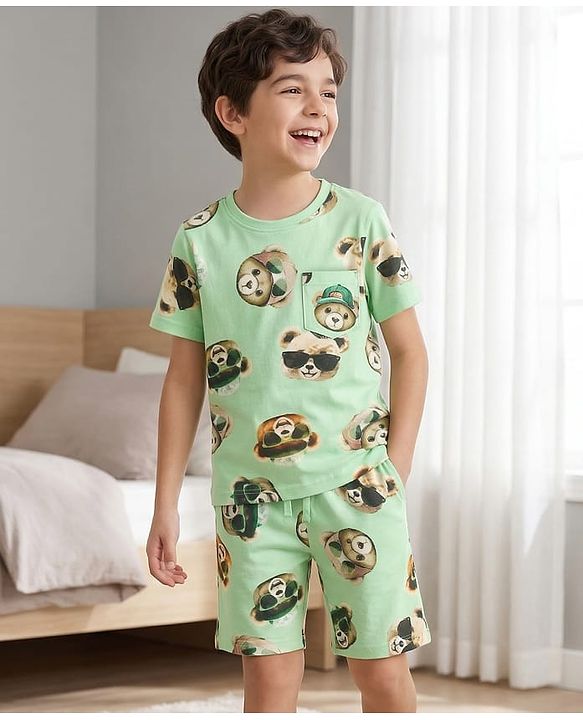 Pine Kids Cotton Knit Half Sleeves Co-ords T-Shirt & Shorts Night Suit with Bear Print - Lime Green