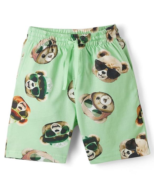 Pine Kids Cotton Knit Half Sleeves Co-ords T-Shirt & Shorts Night Suit with Bear Print - Lime Green