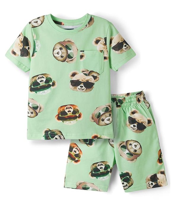 Pine Kids Cotton Knit Half Sleeves Co-ords T-Shirt & Shorts Night Suit with Bear Print - Lime Green
