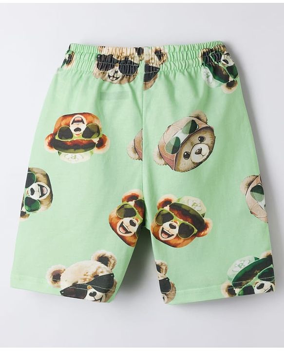 Pine Kids Cotton Knit Half Sleeves Co-ords T-Shirt & Shorts Night Suit with Bear Print - Lime Green