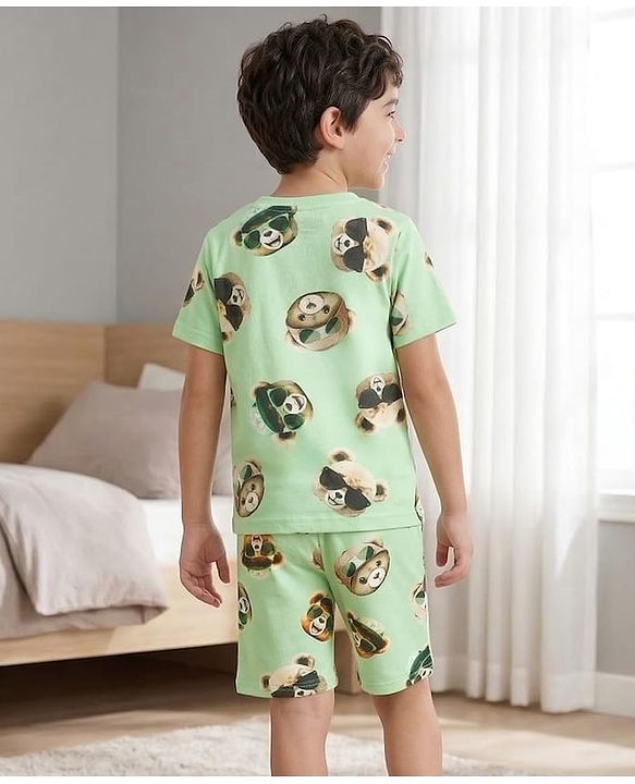Pine Kids Cotton Knit Half Sleeves Co-ords T-Shirt & Shorts Night Suit with Bear Print - Lime Green