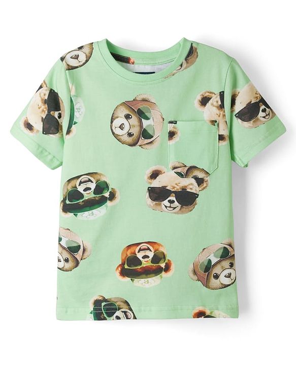 Pine Kids Cotton Knit Half Sleeves Co-ords T-Shirt & Shorts Night Suit with Bear Print - Lime Green
