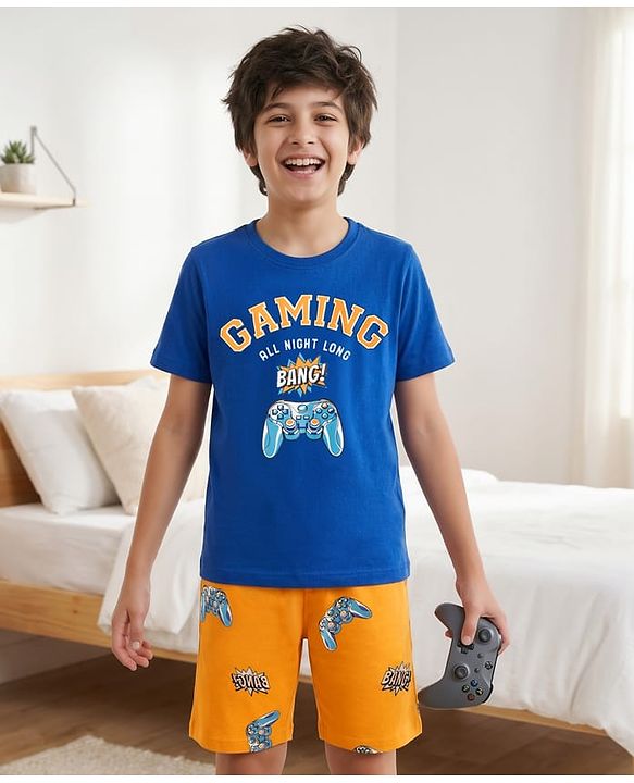 Pine Kids Cotton Knit Half Sleeves T-Shirt & Shorts Night Suit With Gaming Print - Blue