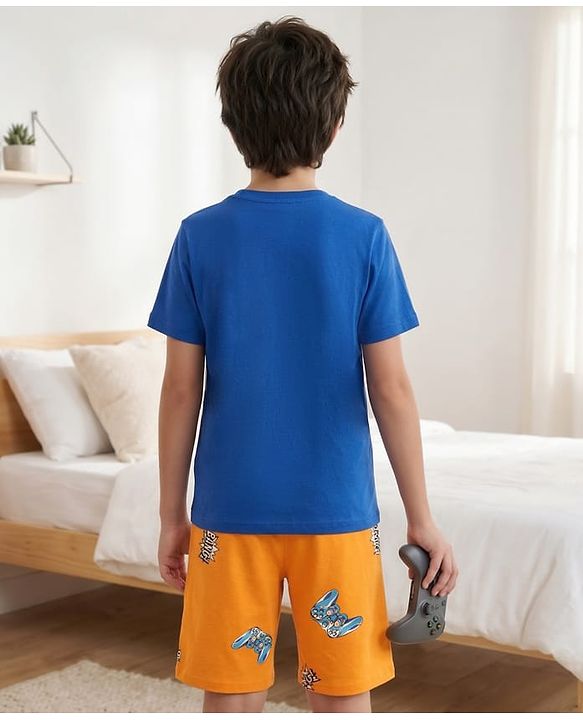Pine Kids Cotton Knit Half Sleeves T-Shirt & Shorts Night Suit With Gaming Print - Blue