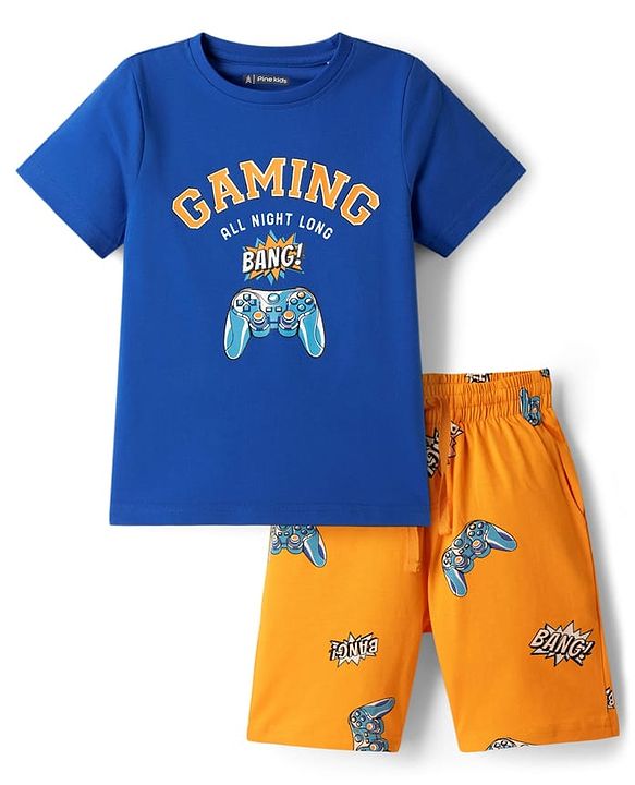 Pine Kids Cotton Knit Half Sleeves T-Shirt & Shorts Night Suit With Gaming Print - Blue