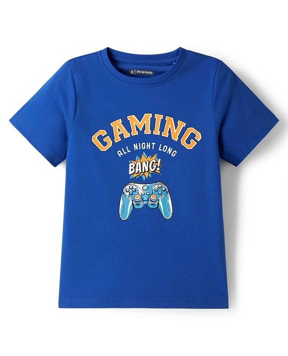 Pine Kids Cotton Knit Half Sleeves T-Shirt & Shorts Night Suit With Gaming Print - Blue
