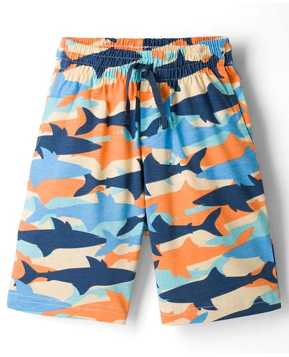 Pine Kids Cotton Knit Half Sleeves T-Shirt & Shorts Night Suit With Shark Print - Navy Blue