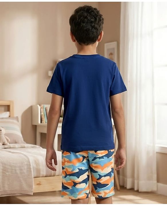 Pine Kids Cotton Knit Half Sleeves T-Shirt & Shorts Night Suit With Shark Print - Navy Blue