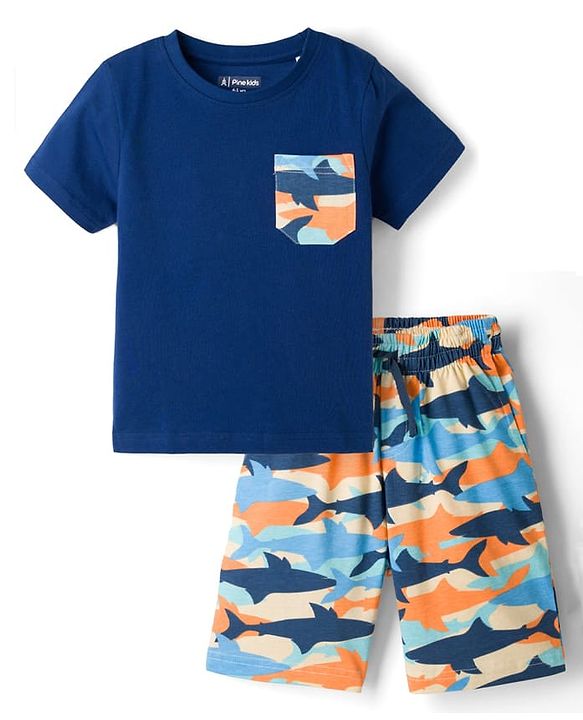 Pine Kids Cotton Knit Half Sleeves T-Shirt & Shorts Night Suit With Shark Print - Navy Blue