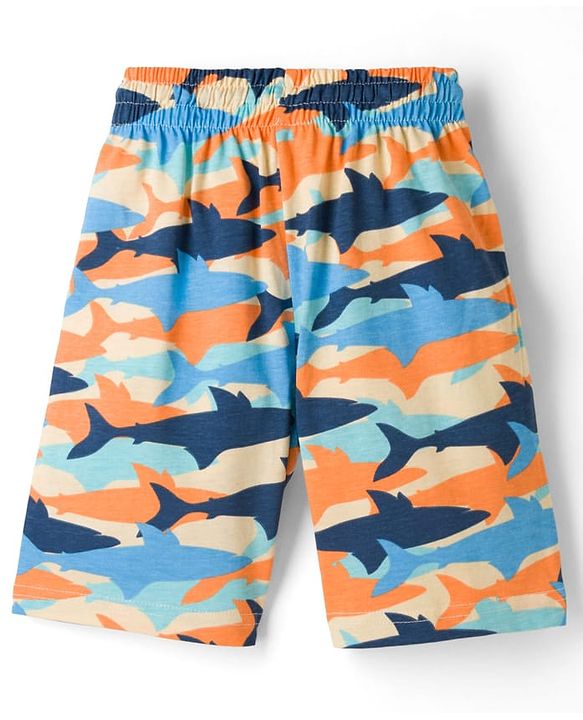 Pine Kids Cotton Knit Half Sleeves T-Shirt & Shorts Night Suit With Shark Print - Navy Blue