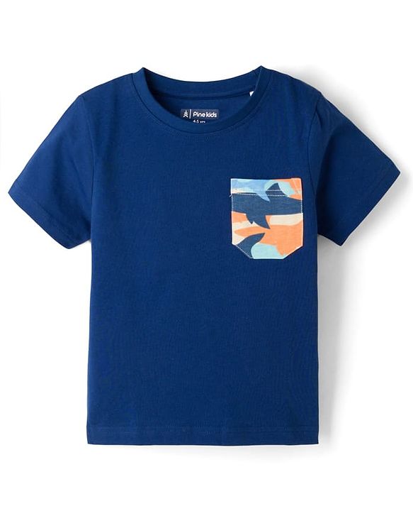 Pine Kids Cotton Knit Half Sleeves T-Shirt & Shorts Night Suit With Shark Print - Navy Blue