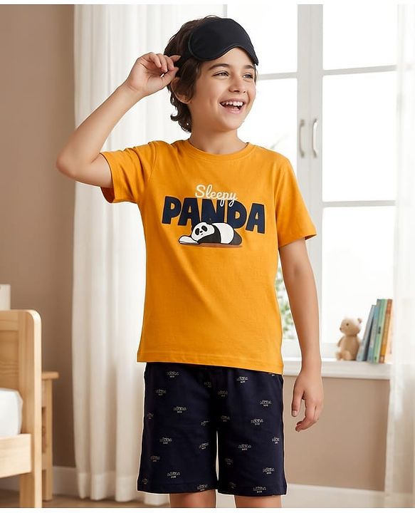 Pine Kids Cotton Knit Half Sleeves T-Shirt & Shorts Night Suit With Panda Print - Yellow