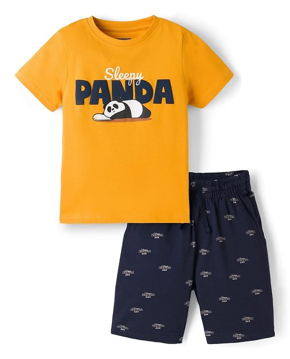 Pine Kids Cotton Knit Half Sleeves T-Shirt & Shorts Night Suit With Panda Print - Yellow