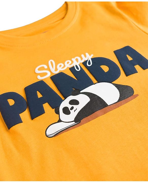Pine Kids Cotton Knit Half Sleeves T-Shirt & Shorts Night Suit With Panda Print - Yellow