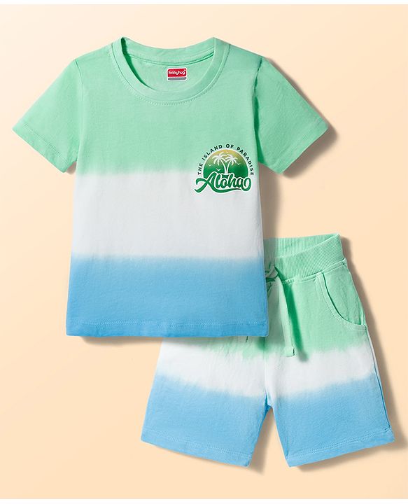 Babyhug Single Jersey Knit Half Sleeves T-Shirt & Shorts Set with Hawaii Print - Multicolor
