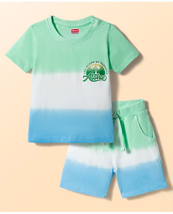 Babyhug Single Jersey Knit Half Sleeves T-Shirt & Shorts Set with Hawaii Print - Multicolor