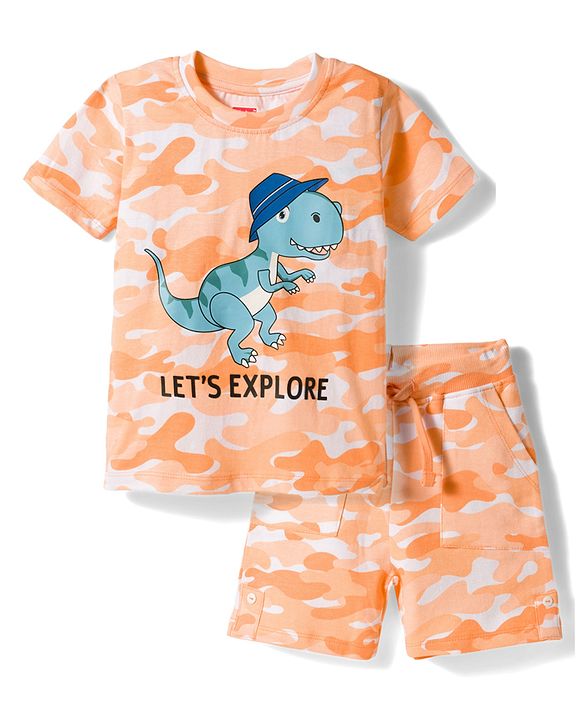 Babyhug Single Jersey Knit Half Sleeves T-Shirt & Shorts Co-ord  Set With Dino Print - Orange