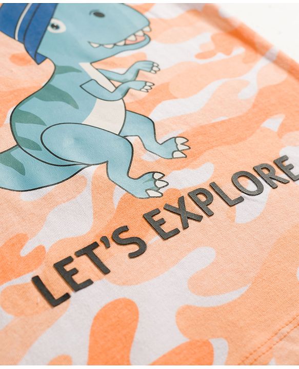 Babyhug Single Jersey Knit Half Sleeves T-Shirt & Shorts Co-ord  Set With Dino Print - Orange