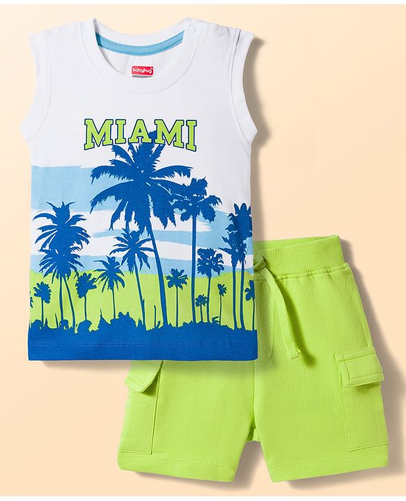 Babyhug Single Jersey Knit Sleevless T-Shirt & Shorts Set with Miami Print - Light Green & White
