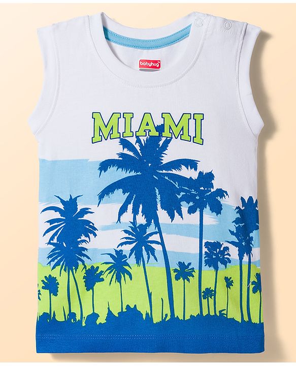 Babyhug Single Jersey Knit Sleevless T-Shirt & Shorts Set with Miami Print - Light Green & White