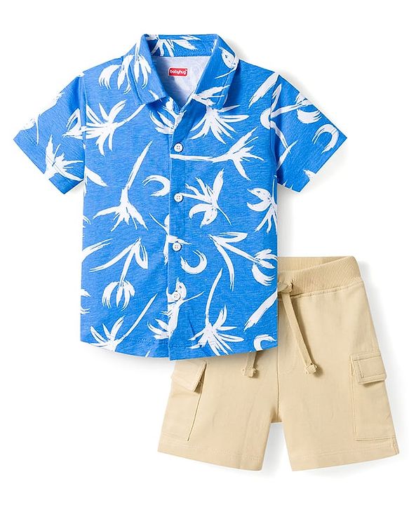 Babyhug Single Jersey Knit Half Sleeves Shirt & Shorts Set with Floral Print - Blue & Beige