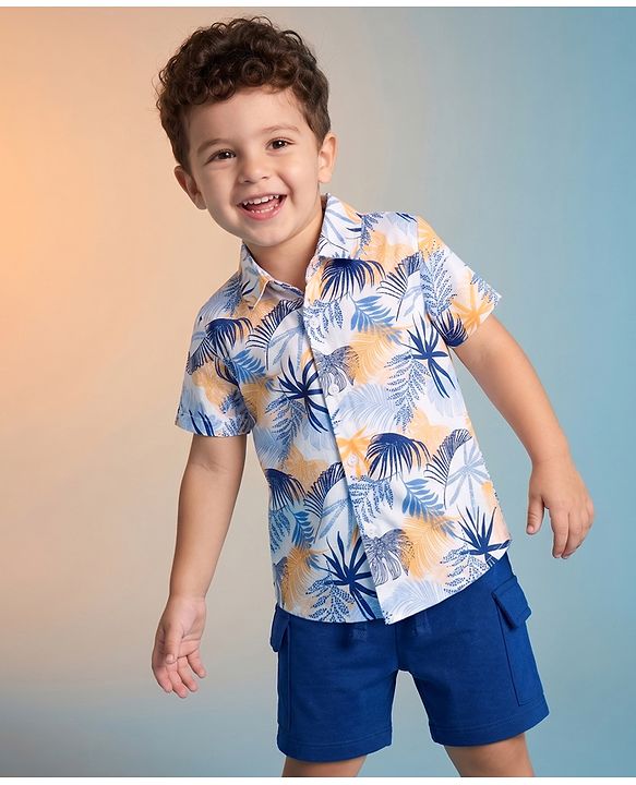 Babyhug Single Jersey Knit Half Sleeves Shirt & Shorts Set with Leaf Print - Navy Blue
