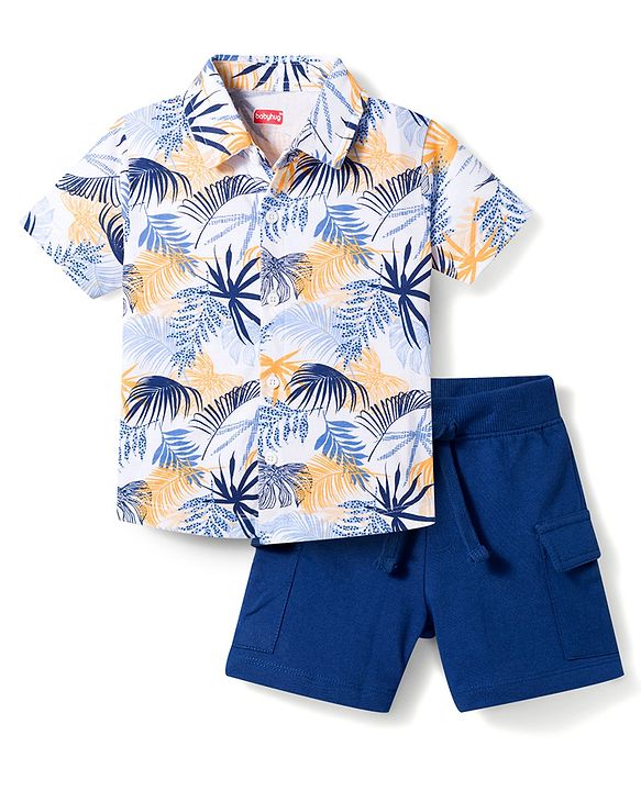 Babyhug Single Jersey Knit Half Sleeves Shirt & Shorts Set with Leaf Print - Navy Blue