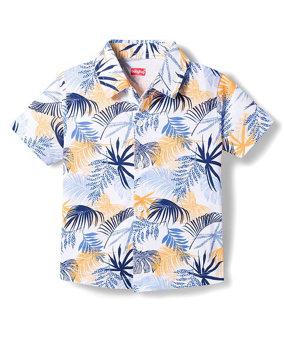 Babyhug Single Jersey Knit Half Sleeves Shirt & Shorts Set with Leaf Print - Navy Blue