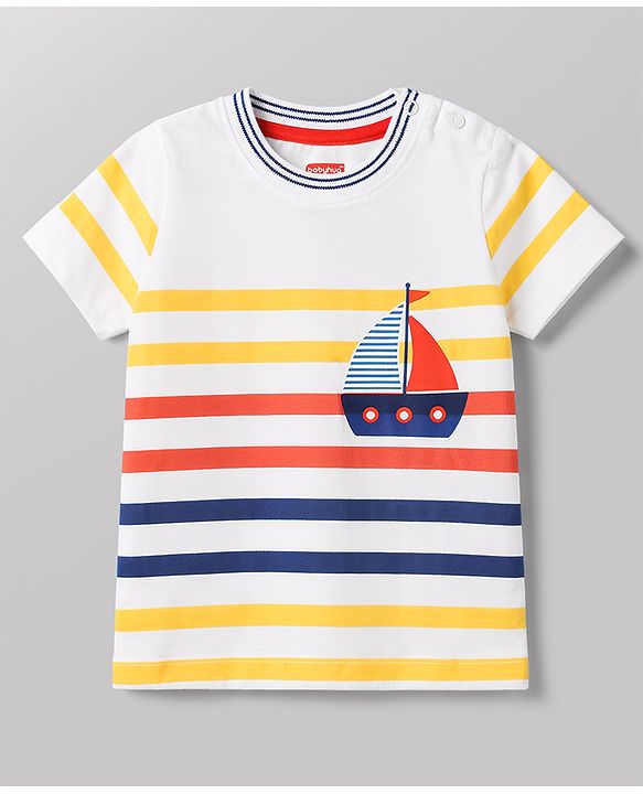 Babyhug Single Jersey Knit Half Sleeves Striped & Nautical Theme Printed T-Shirt & Cargo Shorts Set - Multicolor & Navy Blue