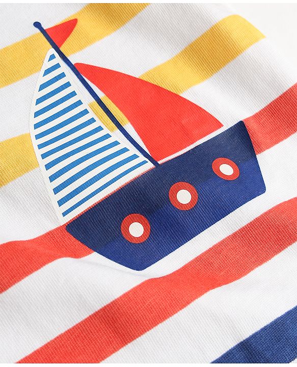 Babyhug Single Jersey Knit Half Sleeves Striped & Nautical Theme Printed T-Shirt & Cargo Shorts Set - Multicolor & Navy Blue