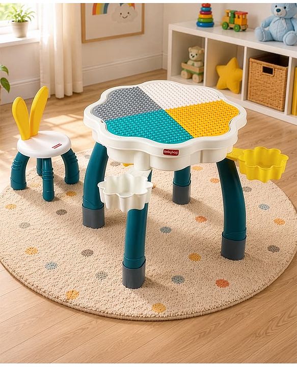 Babyhug Kids Activity Table & Chair Set - Multicolor| Building Block Surface| Storage Trays| Sturdy Chair| Easy to Assemble| Studying, Playing, Art & Craft, Drawing