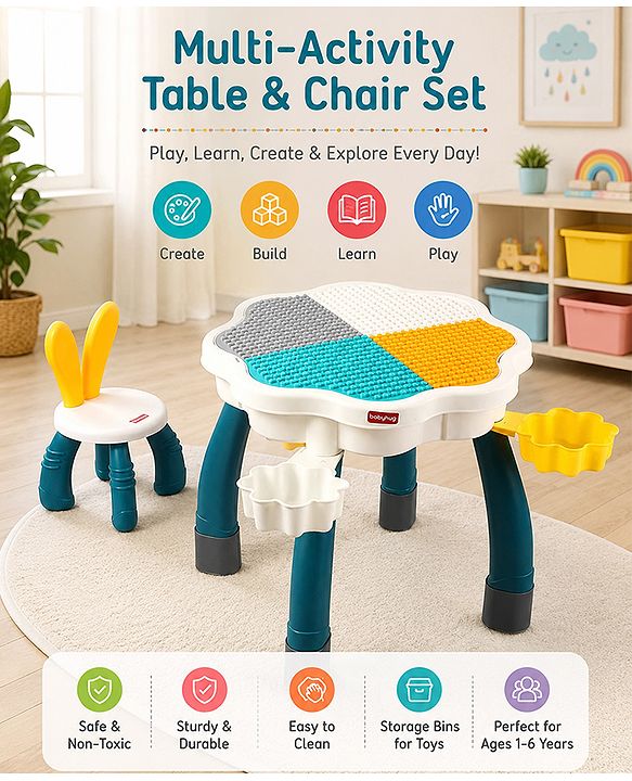 Babyhug Kids Activity Table & Chair Set - Multicolor| Building Block Surface| Storage Trays| Sturdy Chair| Easy to Assemble| Studying, Playing, Art & Craft, Drawing