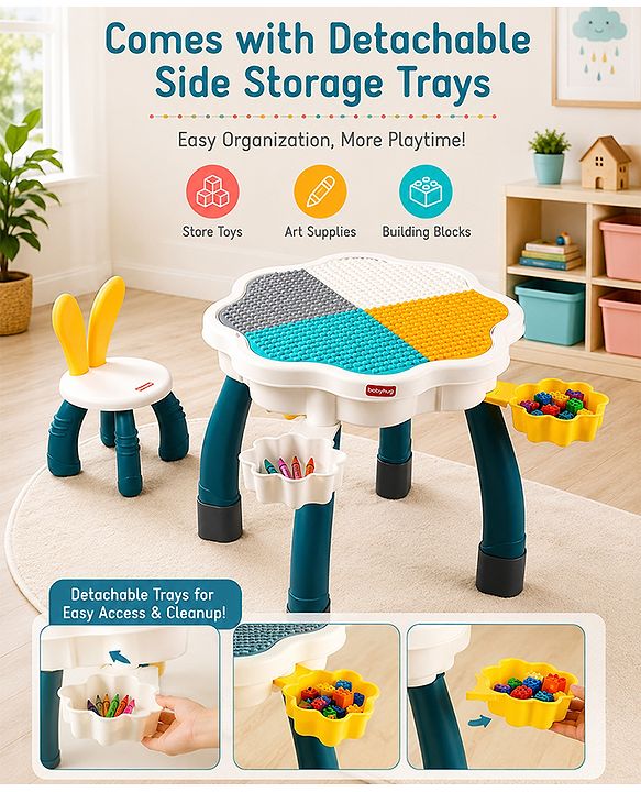 Babyhug Kids Activity Table & Chair Set - Multicolor| Building Block Surface| Storage Trays| Sturdy Chair| Easy to Assemble| Studying, Playing, Art & Craft, Drawing