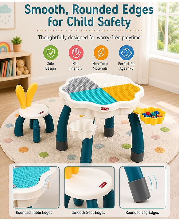 Babyhug Kids Activity Table & Chair Set - Multicolor| Building Block Surface| Storage Trays| Sturdy Chair| Easy to Assemble| Studying, Playing, Art & Craft, Drawing