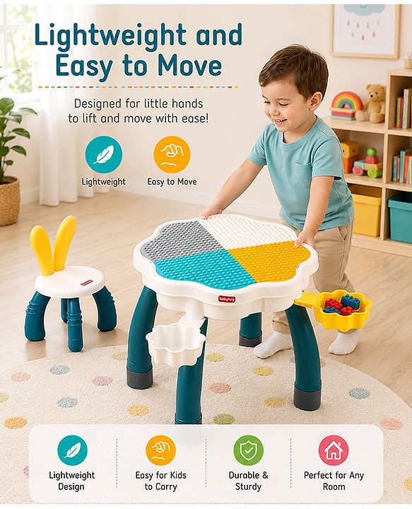 Babyhug Kids Activity Table & Chair Set - Multicolor| Building Block Surface| Storage Trays| Sturdy Chair| Easy to Assemble| Studying, Playing, Art & Craft, Drawing