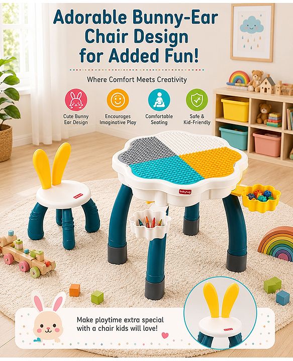 Babyhug Kids Activity Table & Chair Set - Multicolor| Building Block Surface| Storage Trays| Sturdy Chair| Easy to Assemble| Studying, Playing, Art & Craft, Drawing