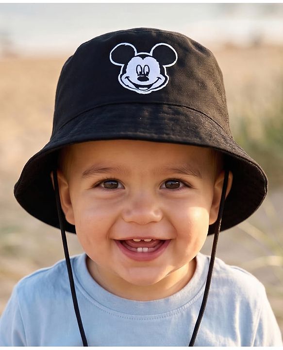 Babyhug Disney Cotton Woven Summer Bucket Cap With Micky Mouse Embroidery Black - Diameter 21 cm