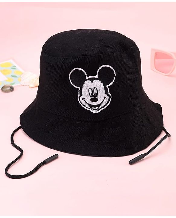Babyhug Disney Cotton Woven Summer Bucket Cap With Micky Mouse Embroidery Black - Diameter 21 cm