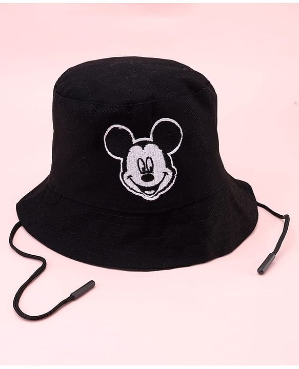 Babyhug Disney Cotton Woven Summer Bucket Cap With Micky Mouse Embroidery Black - Diameter 21 cm