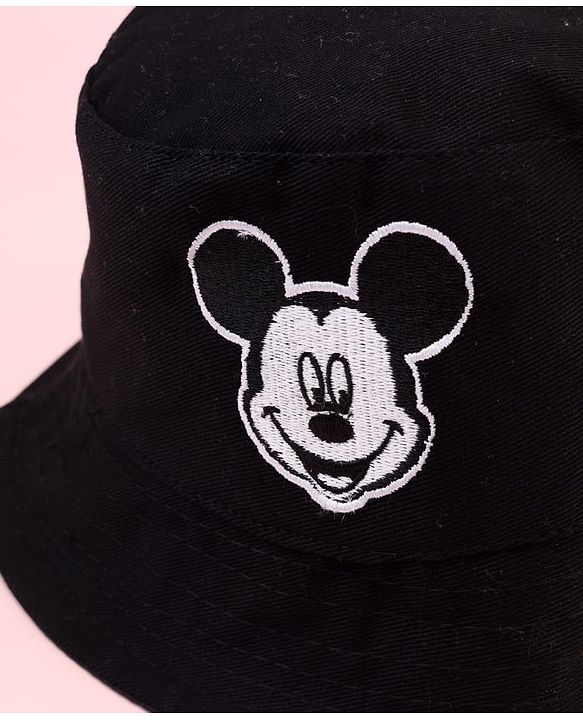 Babyhug Disney Cotton Woven Summer Bucket Cap With Micky Mouse Embroidery Black - Diameter 21 cm