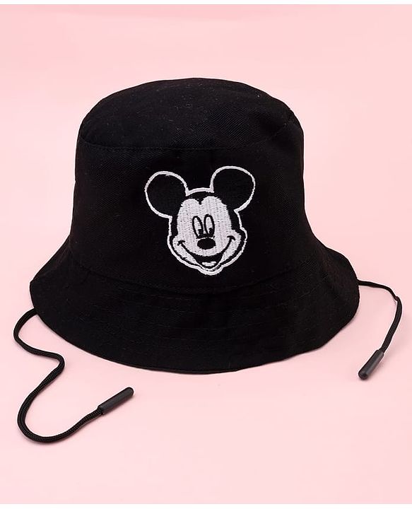 Babyhug Disney Cotton Woven Summer Bucket Cap With Micky Mouse Embroidery Black - Diameter 21 cm