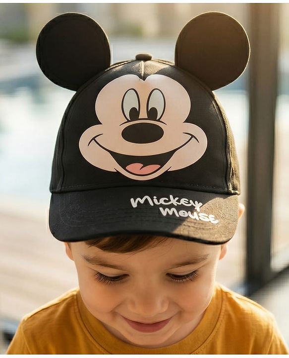 Babyhug Disney Cotton Woven Summer Cap With Mickey Mouse Graphics & Ear Applique Black - Diameter 20 cm