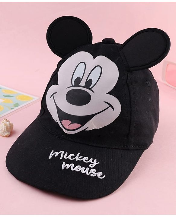 Babyhug Disney Cotton Woven Summer Cap With Mickey Mouse Graphics & Ear Applique Black - Diameter 20 cm