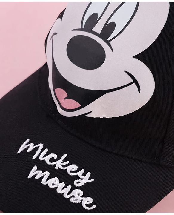 Babyhug Disney Cotton Woven Summer Cap With Mickey Mouse Graphics & Ear Applique Black - Diameter 20 cm