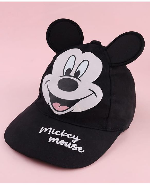 Babyhug Disney Cotton Woven Summer Cap With Mickey Mouse Graphics & Ear Applique Black - Diameter 20 cm
