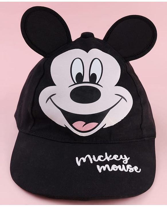 Babyhug Disney Cotton Woven Summer Cap With Mickey Mouse Graphics & Ear Applique Black - Diameter 20 cm