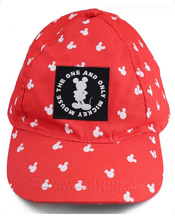 Babyhug Disney Cotton Woven Summer Cap With Mickey Mouse Graphics Red - Diameter 20 cm