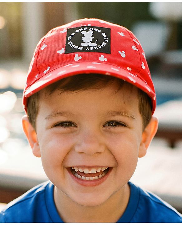 Babyhug Disney Cotton Woven Summer Cap With Mickey Mouse Graphics Red - Diameter 20 cm